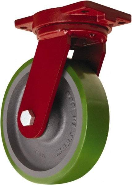 Hamilton - 10" Diam x 2-1/2" Wide x 12-1/2" OAH Top Plate Mount Swivel Caster - Polyurethane Mold onto Cast Iron Center, 2,500 Lb Capacity, Tapered Roller Bearing, 6-1/8 x 7-1/2" Plate - Benchmark Tooling
