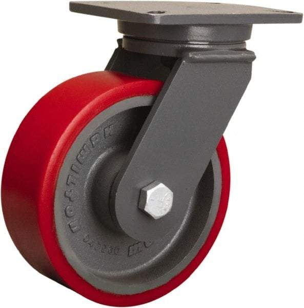 Hamilton - 8" Diam x 3" Wide x 10-1/2" OAH Top Plate Mount Swivel Caster - Polyurethane Mold onto Cast Iron Center, 3,000 Lb Capacity, Tapered Roller Bearing, 5-1/4 x 7-1/4" Plate - Benchmark Tooling