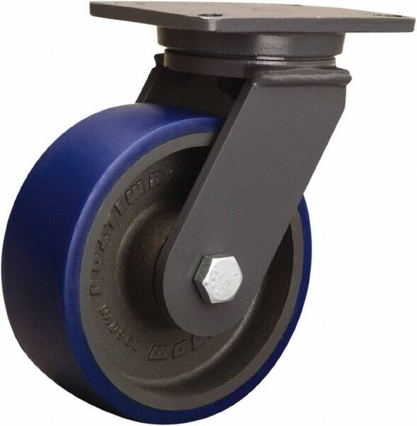 Hamilton - 8" Diam x 3" Wide x 10-1/2" OAH Top Plate Mount Swivel Caster - Polyurethane Mold onto Cast Iron Center, 2,000 Lb Capacity, Tapered Roller Bearing, 5-1/4 x 7-1/4" Plate - Benchmark Tooling