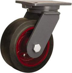 Hamilton - 8" Diam x 3" Wide x 10-1/2" OAH Top Plate Mount Swivel Caster - Rubber Mold on Cast Iron, 840 Lb Capacity, Precision Tapered Roller Bearing, 5-1/4 x 7-1/4" Plate - Benchmark Tooling