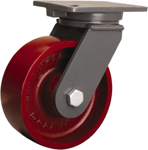 Hamilton - 8" Diam x 3" Wide x 10-1/2" OAH Top Plate Mount Swivel Caster - Cast Iron, 2,600 Lb Capacity, Precision Ball Bearing, 5-1/4 x 7-1/4" Plate - Benchmark Tooling