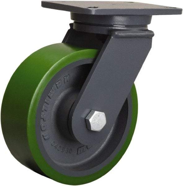 Hamilton - 8" Diam x 3" Wide x 10-1/2" OAH Top Plate Mount Swivel Caster - Polyurethane Mold onto Cast Iron Center, 2,500 Lb Capacity, Tapered Roller Bearing, 5-1/4 x 7-1/4" Plate - Benchmark Tooling
