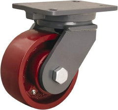 Hamilton - 6" Diam x 2-1/2" Wide x 8" OAH Top Plate Mount Swivel Caster - Cast Iron, 2,200 Lb Capacity, Tapered Roller Bearing, 5-1/4 x 7-1/4" Plate - Benchmark Tooling