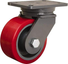 Hamilton - 6" Diam x 3" Wide x 8" OAH Top Plate Mount Swivel Caster - Polyurethane Mold onto Cast Iron Center, 2,600 Lb Capacity, Tapered Roller Bearing, 5-1/4 x 7-1/4" Plate - Benchmark Tooling