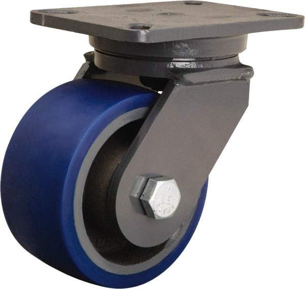 Hamilton - 6" Diam x 3" Wide x 8" OAH Top Plate Mount Swivel Caster - Polyurethane Mold onto Cast Iron Center, 1,800 Lb Capacity, Tapered Roller Bearing, 5-1/4 x 7-1/4" Plate - Benchmark Tooling
