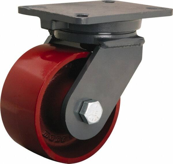 Hamilton - 6" Diam x 3" Wide x 8" OAH Top Plate Mount Swivel Caster - Cast Iron, 2,500 Lb Capacity, Precision Ball Bearing, 5-1/4 x 7-1/4" Plate - Benchmark Tooling