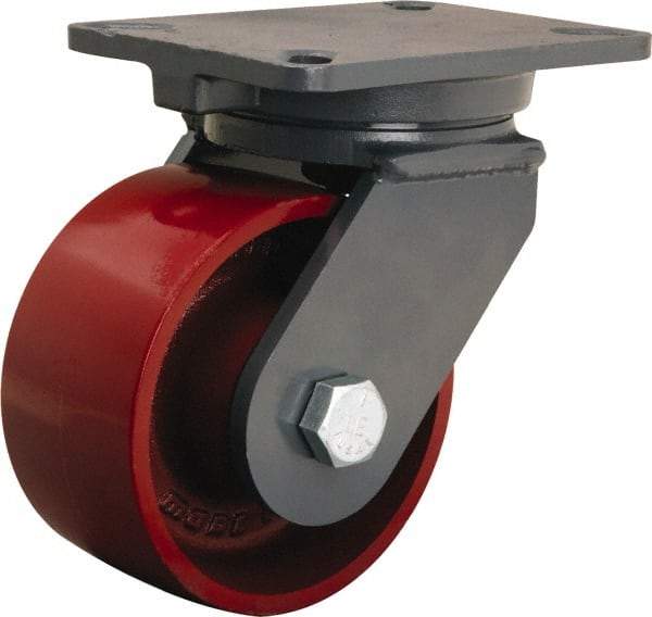 Hamilton - 6" Diam x 3" Wide x 8" OAH Top Plate Mount Swivel Caster - Cast Iron, 2,500 Lb Capacity, Tapered Roller Bearing, 5-1/4 x 7-1/4" Plate - Benchmark Tooling