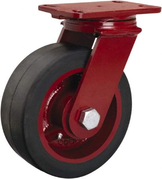 Hamilton - 8" Diam x 3" Wide x 10-1/8" OAH Top Plate Mount Swivel Caster - Rubber Mold on Cast Iron, 840 Lb Capacity, Tapered Roller Bearing, 4-1/2 x 6-1/2" Plate - Benchmark Tooling