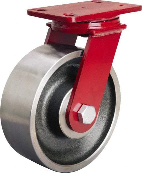 Hamilton - 8" Diam x 3" Wide x 10-1/8" OAH Top Plate Mount Swivel Caster - Forged Steel, 2,200 Lb Capacity, Sealed Precision Ball Bearing, 4-1/2 x 6-1/2" Plate - Benchmark Tooling