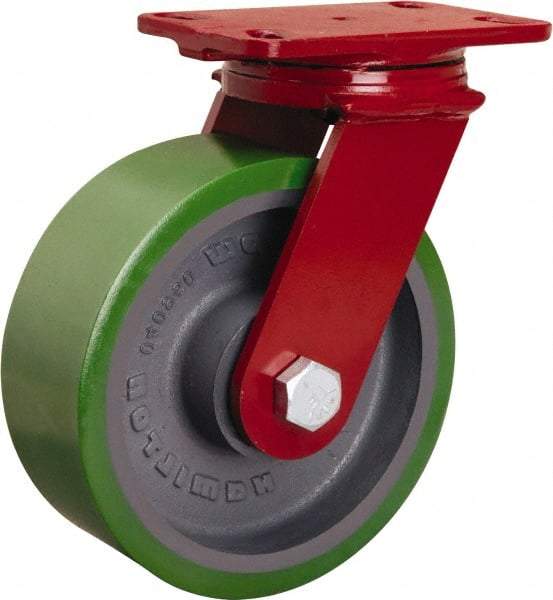 Hamilton - 8" Diam x 3" Wide x 10-1/8" OAH Top Plate Mount Swivel Caster - Polyurethane Mold onto Cast Iron Center, 2,200 Lb Capacity, Tapered Roller Bearing, 4-1/2 x 6-1/2" Plate - Benchmark Tooling