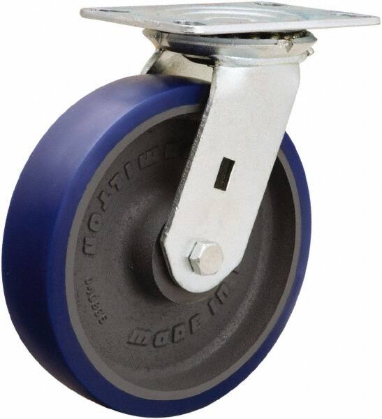 Hamilton - 8" Diam x 2" Wide x 9-1/2" OAH Top Plate Mount Swivel Caster - Polyurethane Mold onto Cast Iron Center, 1,200 Lb Capacity, Sealed Precision Ball Bearing, 4-1/2 x 6-1/4" Plate - Benchmark Tooling