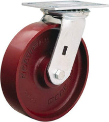 Hamilton - 8" Diam x 2" Wide x 9-1/2" OAH Top Plate Mount Swivel Caster - Cast Iron, 1,500 Lb Capacity, Precision Ball Bearing, 4-1/2 x 6-1/4" Plate - Benchmark Tooling