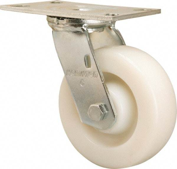 Hamilton - 6" Diam x 2" Wide x 7-1/2" OAH Top Plate Mount Swivel Caster - Nylon, 900 Lb Capacity, Sealed Precision Ball Bearing, 4-1/2 x 6-1/4" Plate - Benchmark Tooling