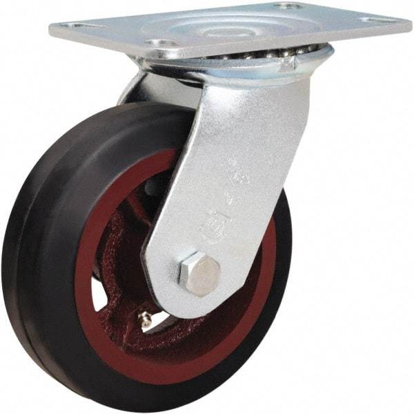 Hamilton - 6" Diam x 2" Wide x 7-1/2" OAH Top Plate Mount Swivel Caster - Rubber Mold on Cast Iron, 410 Lb Capacity, Straight Roller Bearing, 4-1/2 x 6-1/4" Plate - Benchmark Tooling