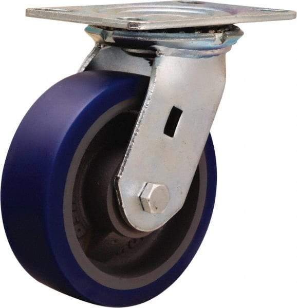 Hamilton - 6" Diam x 2" Wide x 7-1/2" OAH Top Plate Mount Swivel Caster - Polyurethane Mold onto Cast Iron Center, 960 Lb Capacity, Sealed Precision Ball Bearing, 4-1/2 x 6-1/4" Plate - Benchmark Tooling