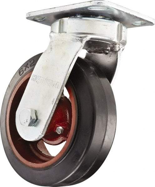 Hamilton - 6" Diam x 2" Wide x 7-1/2" OAH Top Plate Mount Swivel Caster - Rubber Mold on Cast Iron, Straight Roller Bearing, 4 x 4-1/2" Plate - Benchmark Tooling