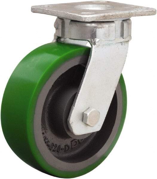 Hamilton - 6" Diam x 2" Wide x 7-1/2" OAH Top Plate Mount Swivel Caster - Polyurethane Mold onto Cast Iron Center, 1,200 Lb Capacity, Sealed Precision Ball Bearing, 4 x 4-1/2" Plate - Benchmark Tooling