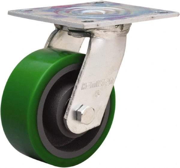 Hamilton - 5" Diam x 2" Wide x 7" OAH Top Plate Mount Swivel Caster - Polyurethane Mold onto Cast Iron Center, 1,050 Lb Capacity, Sealed Precision Ball Bearing, 4 x 4-1/2" Plate - Benchmark Tooling
