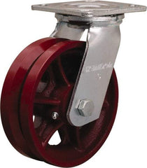 Hamilton - 6" Diam x 2" Wide, Iron Swivel Caster - 900 Lb Capacity, Top Plate Mount, 4" x 4-1/2" Plate, Straight Roller Bearing - Benchmark Tooling