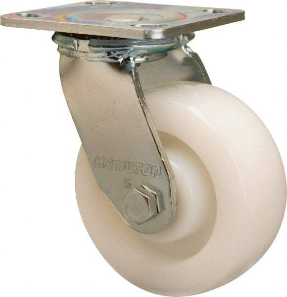 Hamilton - 5" Diam x 2" Wide x 6-1/2" OAH Top Plate Mount Swivel Caster - Nylon, 900 Lb Capacity, Sealed Precision Ball Bearing, 4 x 4-1/2" Plate - Benchmark Tooling