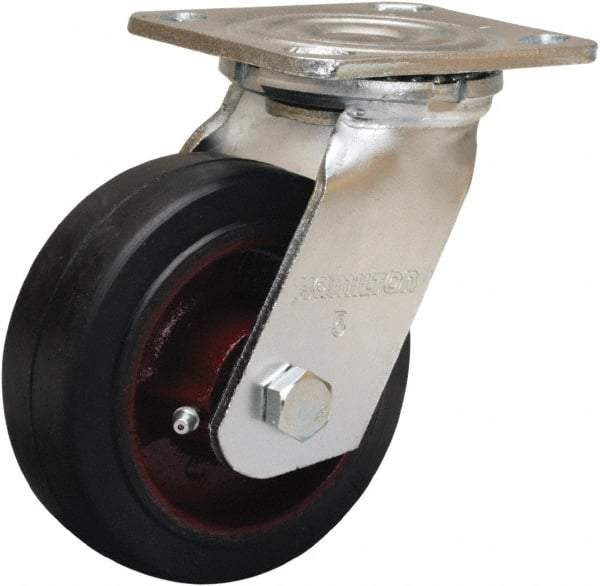 Hamilton - 5" Diam x 2" Wide x 6-1/2" OAH Top Plate Mount Swivel Caster - Rubber Mold on Cast Iron, 350 Lb Capacity, Straight Roller Bearing, 4 x 4-1/2" Plate - Benchmark Tooling