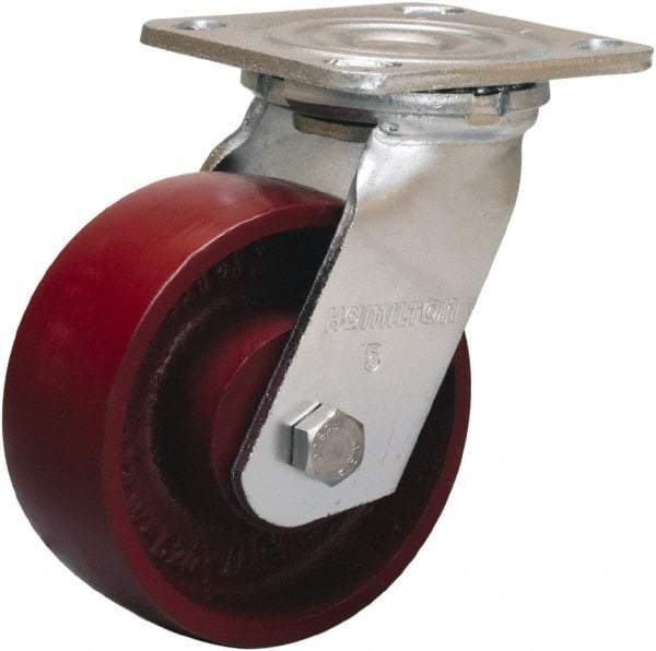 Hamilton - 5" Diam x 2" Wide x 6-1/2" OAH Top Plate Mount Swivel Caster - Cast Iron, 1,250 Lb Capacity, Precision Ball Bearing, 4 x 4-1/2" Plate - Benchmark Tooling