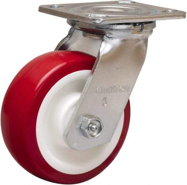 Hamilton - 5" Diam x 2" Wide x 6-1/2" OAH Top Plate Mount Swivel Caster - Polyurethane Mold on Polypropylene, 900 Lb Capacity, Straight Roller Bearing, 4 x 4-1/2" Plate - Benchmark Tooling