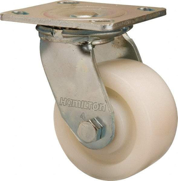 Hamilton - 4" Diam x 2" Wide x 5-5/8" OAH Top Plate Mount Swivel Caster - Nylon, 800 Lb Capacity, Sealed Precision Ball Bearing, 4 x 4-1/2" Plate - Benchmark Tooling