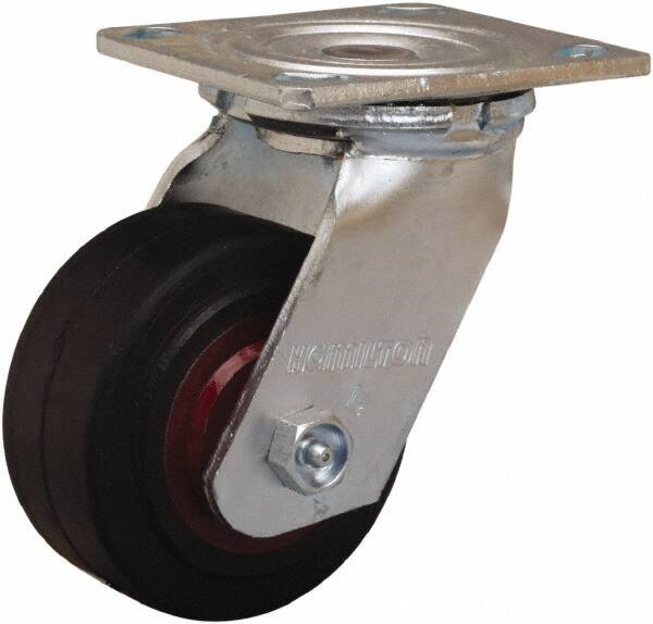 Hamilton - 4" Diam x 2" Wide x 5-5/8" OAH Top Plate Mount Swivel Caster - Rubber Mold on Cast Iron, 300 Lb Capacity, Straight Roller Bearing, 4 x 4-1/2" Plate - Benchmark Tooling