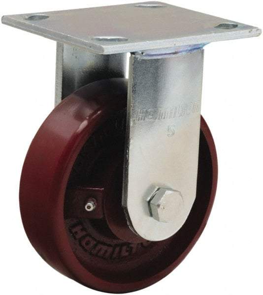 Hamilton - 5" Diam x 1-1/2" Wide x 6-1/8" OAH Top Plate Mount Rigid Caster - Cast Iron, 550 Lb Capacity, Straight Roller Bearing, 4 x 4-1/2" Plate - Benchmark Tooling