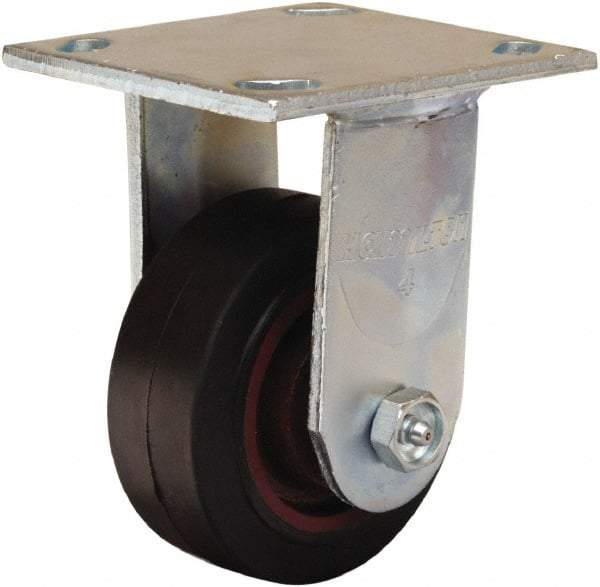 Hamilton - 4" Diam x 1-1/2" Wide x 5-5/8" OAH Top Plate Mount Rigid Caster - Rubber Mold on Cast Iron, 200 Lb Capacity, Straight Roller Bearing, 4 x 4-1/2" Plate - Benchmark Tooling