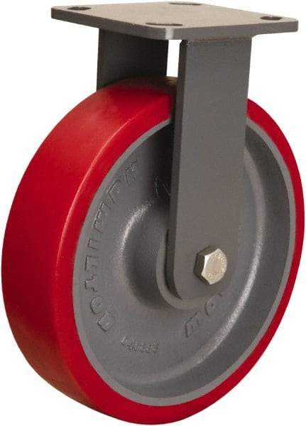 Hamilton - 8" Diam x 2" Wide x 9-1/2" OAH Top Plate Mount Rigid Caster - Polyurethane Mold onto Cast Iron Center, 1,800 Lb Capacity, Sealed Precision Ball Bearing, 4 x 4-1/2" Plate - Benchmark Tooling