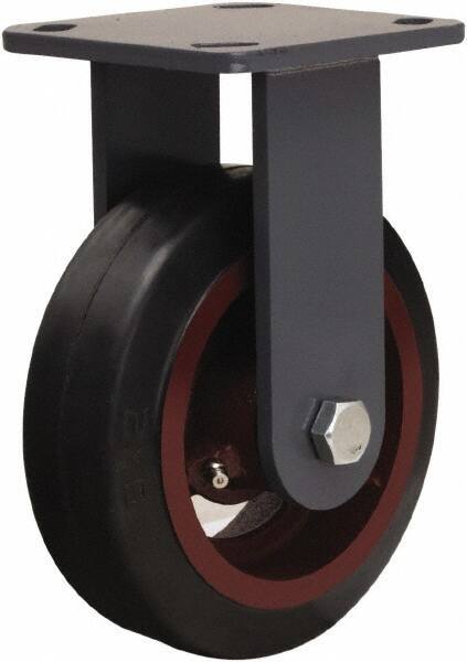 Hamilton - 6" Diam x 2" Wide x 7-1/2" OAH Top Plate Mount Rigid Caster - Rubber Mold on Cast Iron, 410 Lb Capacity, Straight Roller Bearing, 4 x 4-1/2" Plate - Benchmark Tooling