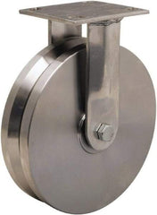 Hamilton - 8" Diam x 2" Wide, Stainless Steel Rigid Caster - 800 Lb Capacity, Top Plate Mount, 3-3/4" x 4-1/2" Plate, Delrin Bearing - Benchmark Tooling