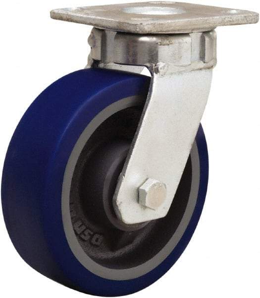 Hamilton - 6" Diam x 2" Wide x 7-1/2" OAH Top Plate Mount Swivel Caster - Polyurethane Mold onto Cast Iron Center, 960 Lb Capacity, Sealed Precision Ball Bearing, 4 x 4-1/2" Plate - Benchmark Tooling