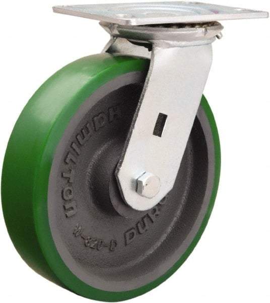 Hamilton - 8" Diam x 2" Wide x 9-1/2" OAH Top Plate Mount Swivel Caster - Polyurethane Mold onto Cast Iron Center, 1,500 Lb Capacity, Sealed Precision Ball Bearing, 4-1/2 x 6-1/4" Plate - Benchmark Tooling