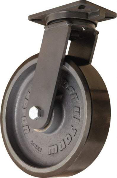 Hamilton - 12" Diam x 3" Wide x 15-1/2" OAH Top Plate Mount Swivel Caster - Polyurethane Mold onto Cast Iron Center, 4,000 Lb Capacity, Tapered Roller Bearing, 5-1/4 x 7-1/4" Plate - Benchmark Tooling