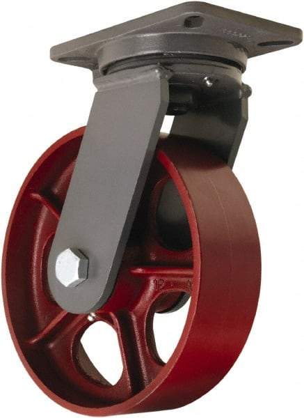 Hamilton - 10" Diam x 3" Wide x 12-1/2" OAH Top Plate Mount Swivel Caster - Cast Iron, 2,600 Lb Capacity, Tapered Roller Bearing, 5-1/4 x 7-1/4" Plate - Benchmark Tooling