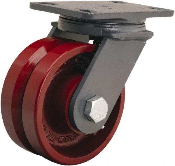 Hamilton - 6" Diam x 2-3/4" Wide, Iron Swivel Caster - 2,500 Lb Capacity, Top Plate Mount, 5-1/4" x 7-1/4" Plate, Straight Roller Bearing - Benchmark Tooling