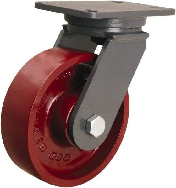 Hamilton - 8" Diam x 2-1/2" Wide x 10-1/2" OAH Top Plate Mount Swivel Caster - Cast Iron, 2,500 Lb Capacity, Straight Roller Bearing, 5-1/4 x 7-1/4" Plate - Benchmark Tooling