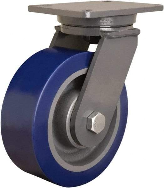 Hamilton - 8" Diam x 3" Wide x 10-1/2" OAH Top Plate Mount Swivel Caster - Polyurethane Mold onto Cast Iron Center, 3,500 Lb Capacity, Tapered Roller Bearing, 5-1/4 x 7-1/4" Plate - Benchmark Tooling