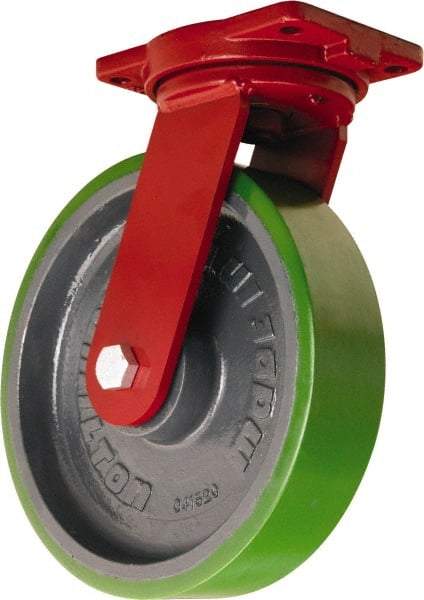 Hamilton - 12" Diam x 3" Wide x 14-1/2" OAH Top Plate Mount Swivel Caster - Polyurethane Mold onto Cast Iron Center, 3,500 Lb Capacity, Sealed Precision Ball Bearing, 6-1/8 x 7-1/2" Plate - Benchmark Tooling