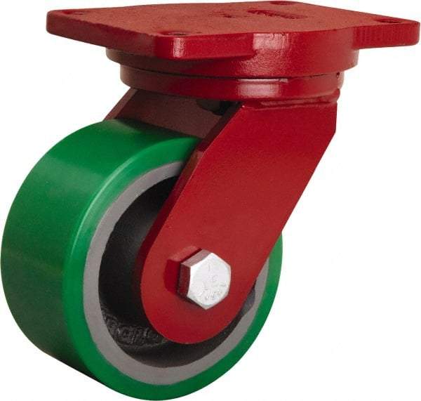 Hamilton - 6" Diam x 3" Wide x 8-1/2" OAH Top Plate Mount Swivel Caster - Polyurethane Mold onto Cast Iron Center, 2,200 Lb Capacity, Tapered Roller Bearing, 6-1/8 x 7-1/2" Plate - Benchmark Tooling