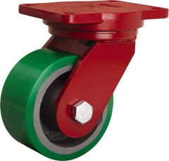 Hamilton - 6" Diam x 3" Wide x 8-1/2" OAH Top Plate Mount Swivel Caster - Polyurethane Mold onto Cast Iron Center, 2,200 Lb Capacity, Tapered Roller Bearing, 6-1/8 x 7-1/2" Plate - Benchmark Tooling
