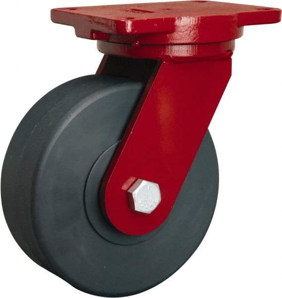 Hamilton - 8" Diam x 3" Wide x 10-1/2" OAH Top Plate Mount Swivel Caster - Nylon, 5,000 Lb Capacity, Sealed Precision Ball Bearing, 6-1/8 x 7-1/2" Plate - Benchmark Tooling