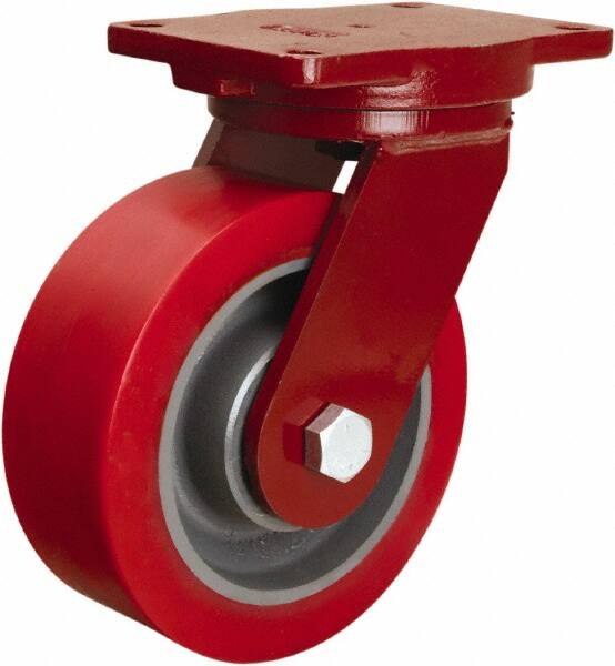 Hamilton - 8" Diam x 3" Wide x 10-1/2" OAH Top Plate Mount Swivel Caster - Polyurethane Mold onto Cast Iron Center, 4,400 Lb Capacity, Tapered Roller Bearing, 6-1/8 x 7-1/2" Plate - Benchmark Tooling