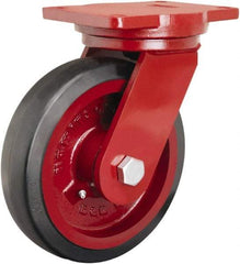 Hamilton - 8" Diam x 2-1/2" Wide x 10-1/2" OAH Top Plate Mount Swivel Caster - Rubber Mold on Cast Iron, 670 Lb Capacity, Precision Tapered Roller Bearing, 6-1/8 x 7-1/2" Plate - Benchmark Tooling