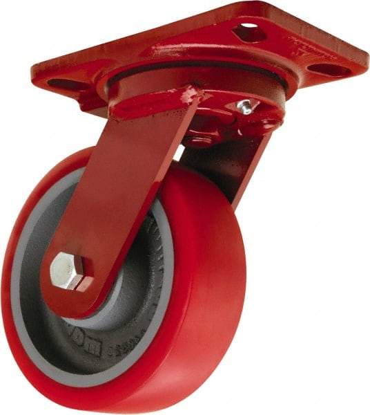 Hamilton - 6" Diam x 2" Wide x 7-3/4" OAH Top Plate Mount Swivel Caster - Polyurethane Mold onto Cast Iron Center, 1,400 Lb Capacity, Sealed Precision Ball Bearing, 4-1/2 x 6-1/2" Plate - Benchmark Tooling