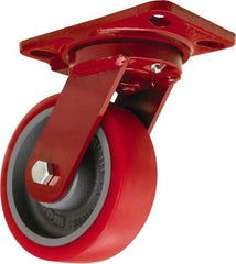 Hamilton - 6" Diam x 2" Wide x 7-3/4" OAH Top Plate Mount Swivel Caster - Polyurethane Mold onto Cast Iron Center, 1,400 Lb Capacity, Sealed Precision Ball Bearing, 4-1/2 x 6-1/2" Plate - Benchmark Tooling