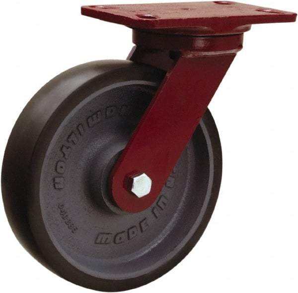 Hamilton - 8" Diam x 2" Wide x 9-3/4" OAH Top Plate Mount Swivel Caster - Polyurethane Mold onto Cast Iron Center, 1,950 Lb Capacity, Tapered Roller Bearing, 4-1/2 x 6-1/2" Plate - Benchmark Tooling